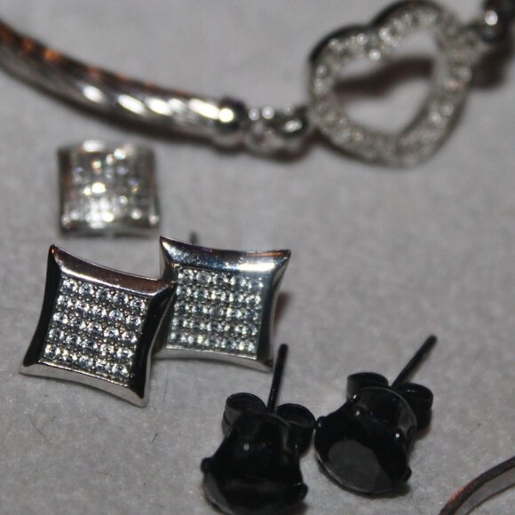 8pc 925 Sterling GENUINE DIAMOND Earrings & Heart Bracelet WOW! - Picture 5 of 8